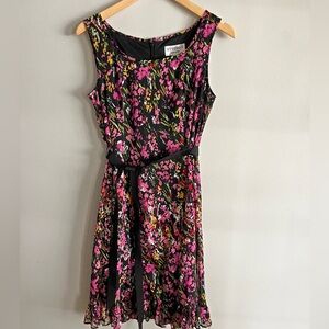 Studio I Petite Floral Sleeveless Fit Flare Dress 6P Black Pink Ruffle Hem